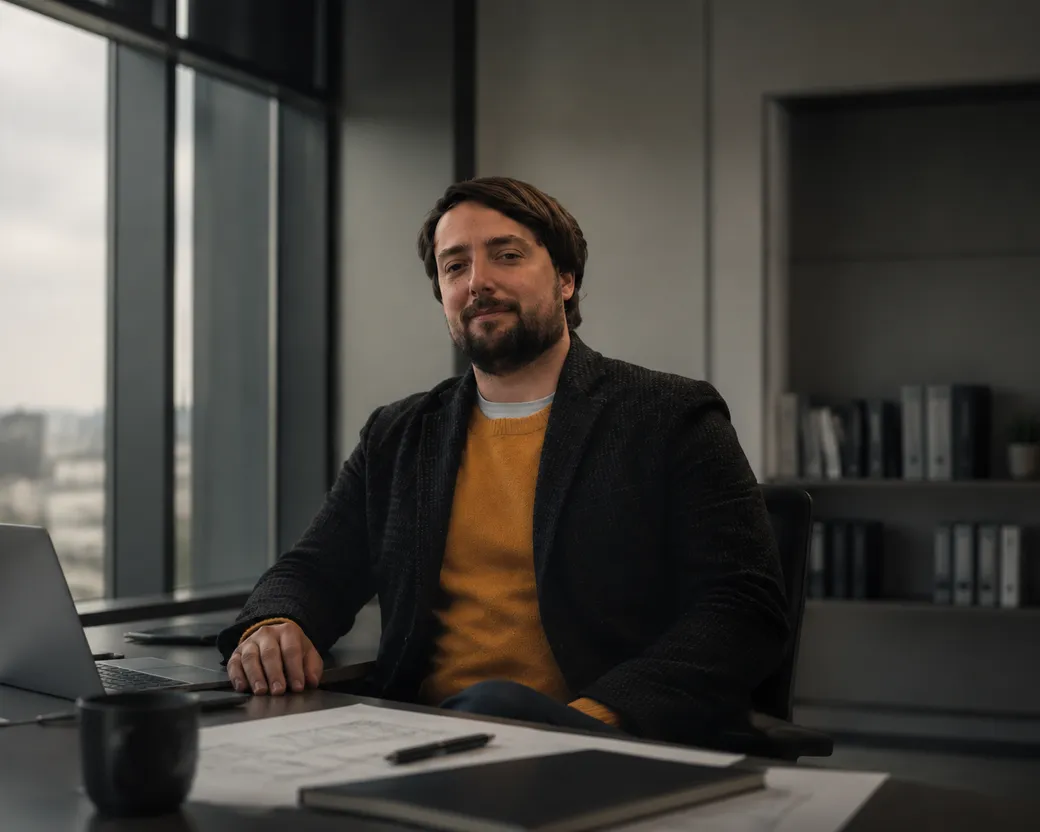 Jan Vorisek at a desk with a laptop, a notebook and a printed drawing.