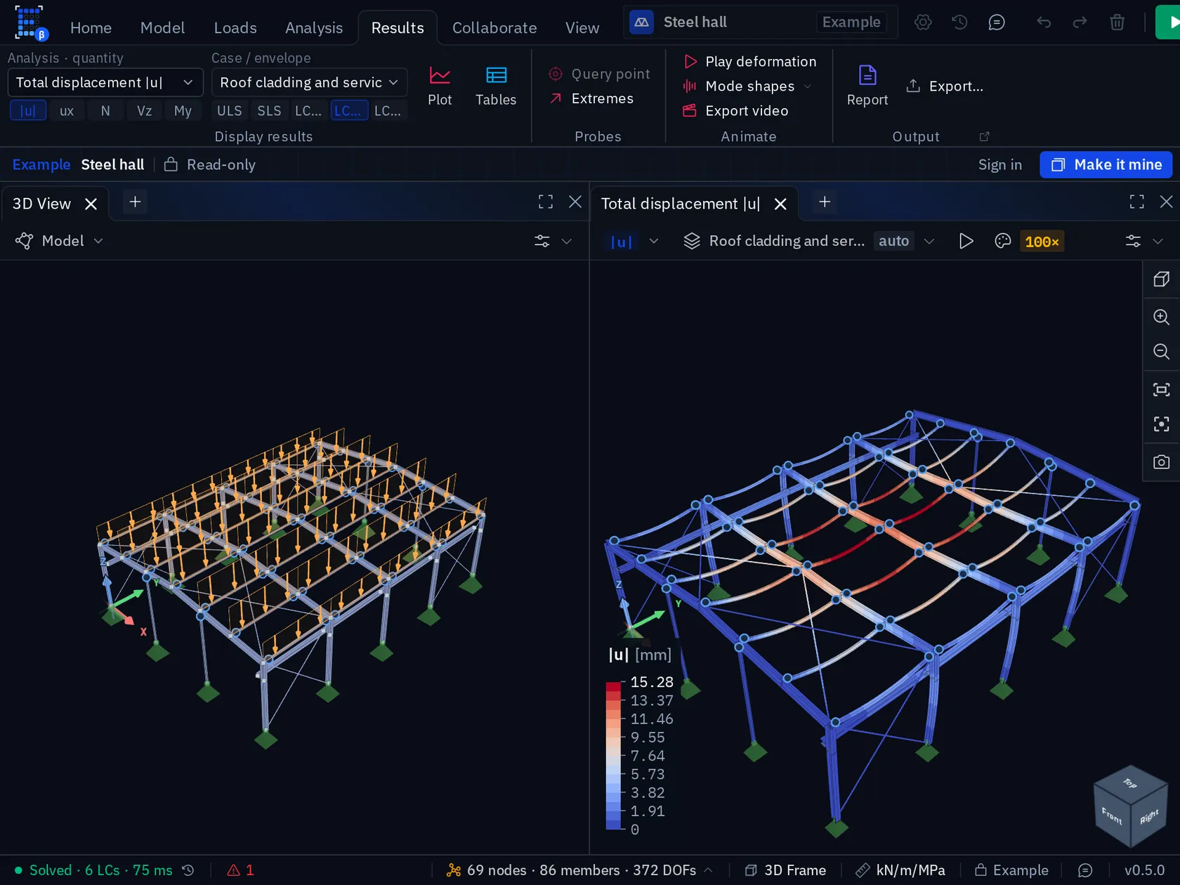 The steel hall example: roof loads drawn on the frame in one viewport, total displacement in the other.