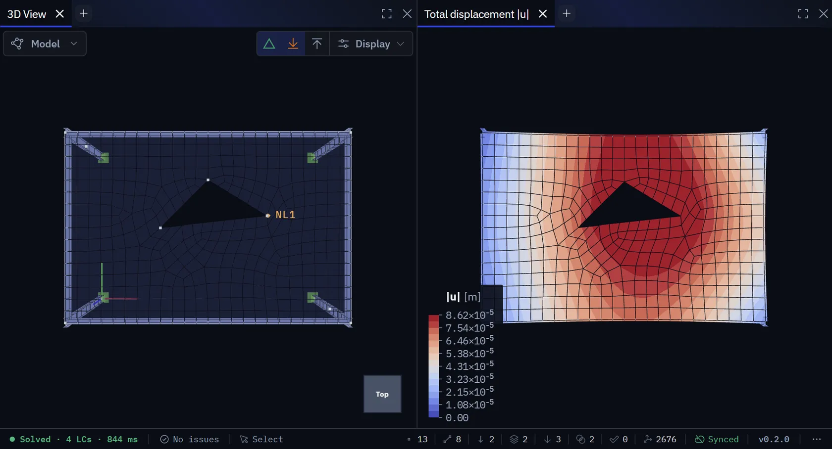A rectangular slab with a triangular opening: the mesh on the left, graded around the opening, and the total displacement contour on the right.