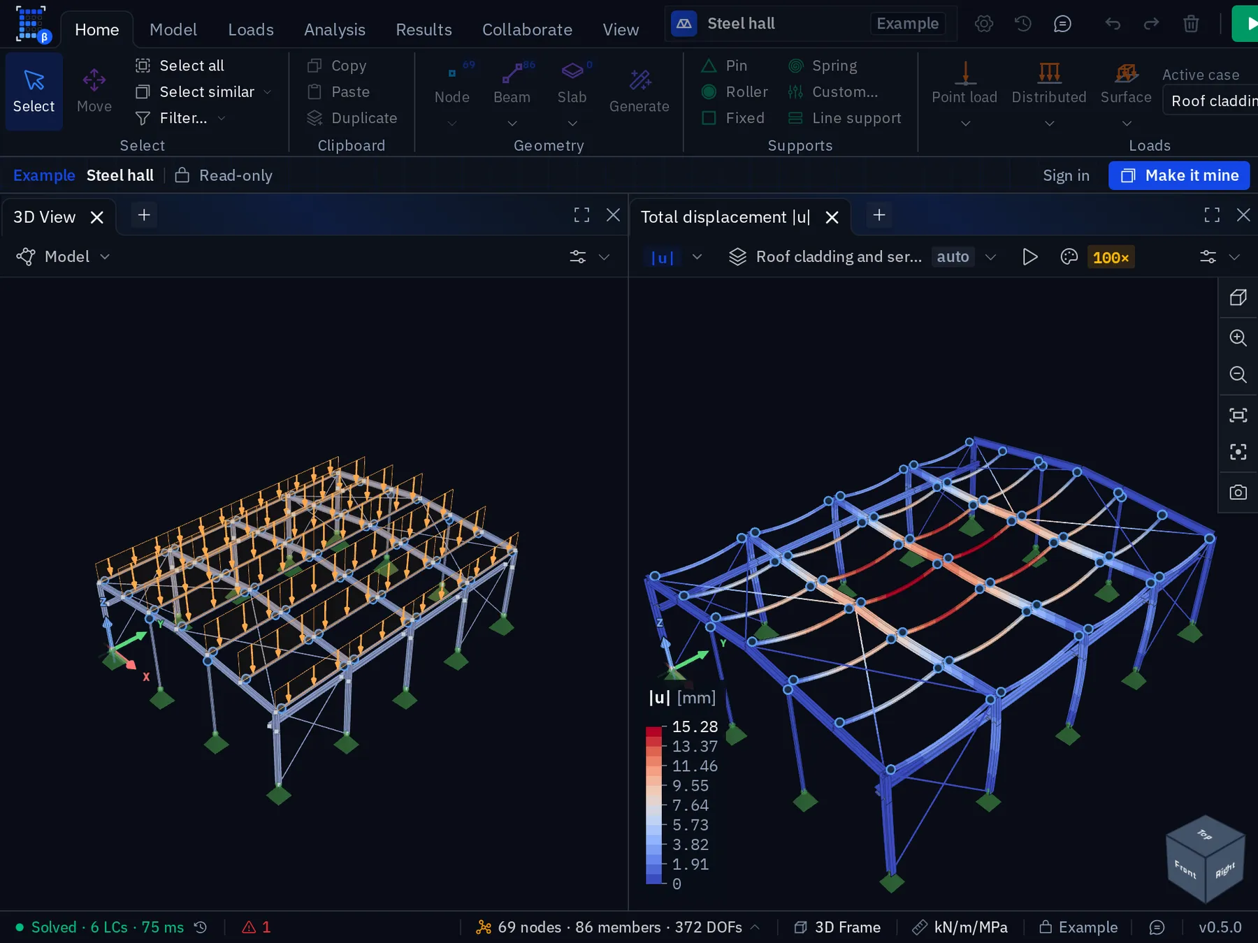 The editor on the Home tab with the steel hall example open: modeling tools in the ribbon, roof loads drawn on the model, and total displacement in a second viewport.