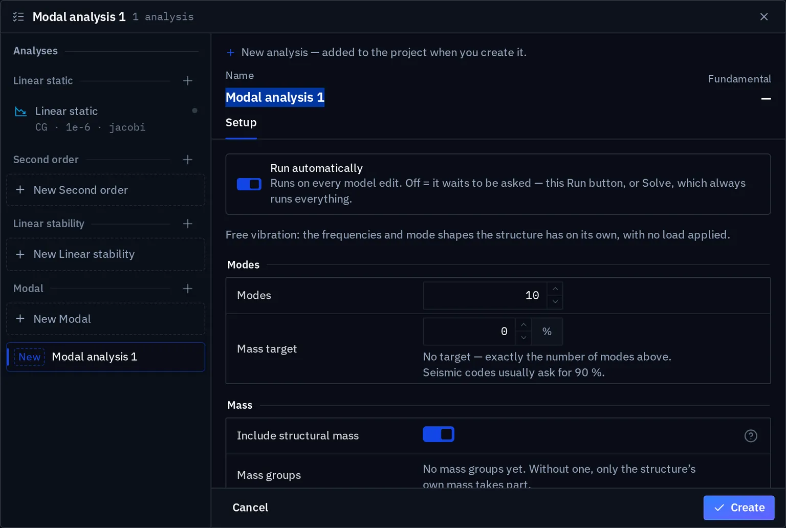 The analysis manager with Analyses grouped as Linear static, Second order, Linear stability and Modal on the left, a new Modal analysis 1 selected, and its Setup page with Run automatically on, Modes 10, Mass target 0 percent and Include structural mass on