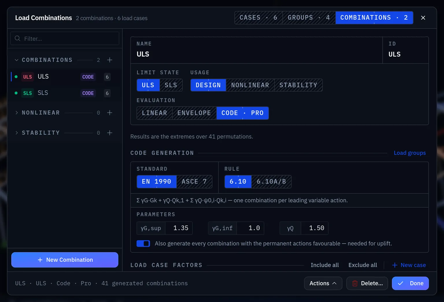 The Load Combinations dialog with the ULS combination selected: Limit state ULS, Usage Design, Evaluation Code · Pro, Standard EN 1990, Rule 6.10, parameters γG,sup 1.35, γG,inf 1.0, γQ 1.50, a toggle for favourable permanent actions, and a footer reading 41 generated combinations