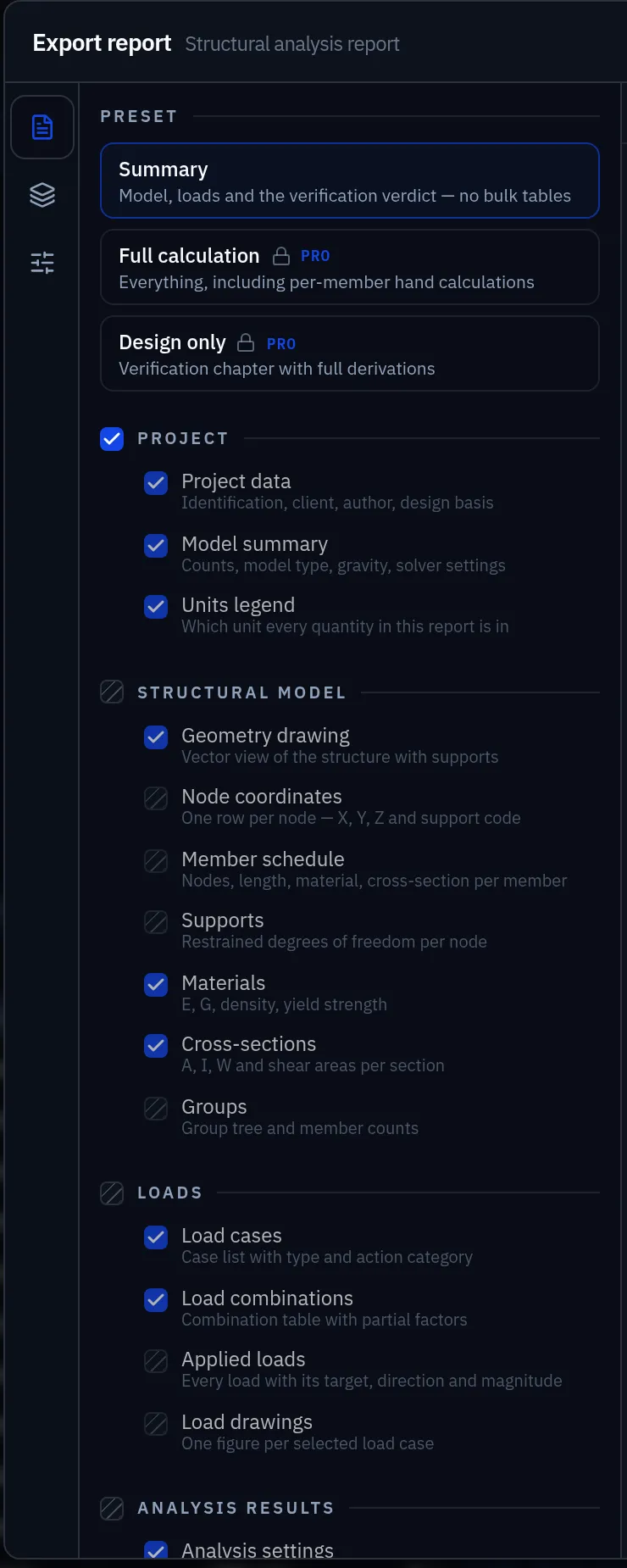 The left column of the Export report dialog listing presets Summary, Full calculation (Pro) and Design only (Pro), then checkboxes for Project data, Model summary, Units legend, Geometry drawing, Node coordinates, Member schedule, Supports, Materials, Cross-sections, Groups, Load cases, Load combinations, Applied loads, Load drawings and Analysis settings