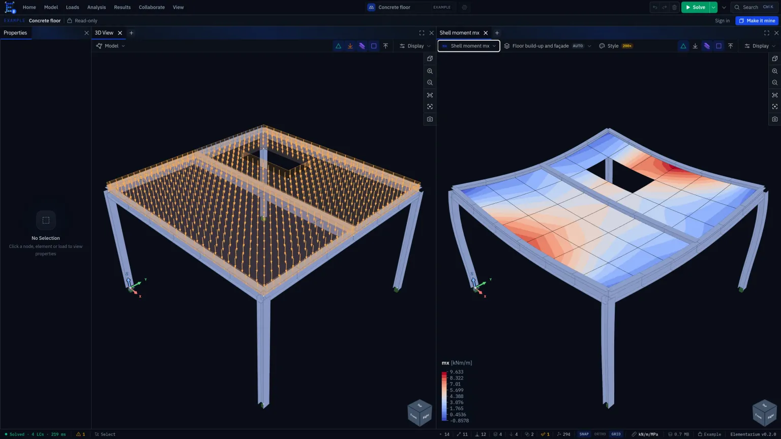 The editor with the concrete floor model on the left and the mx shell moment contour on the right, legend in kNm/m