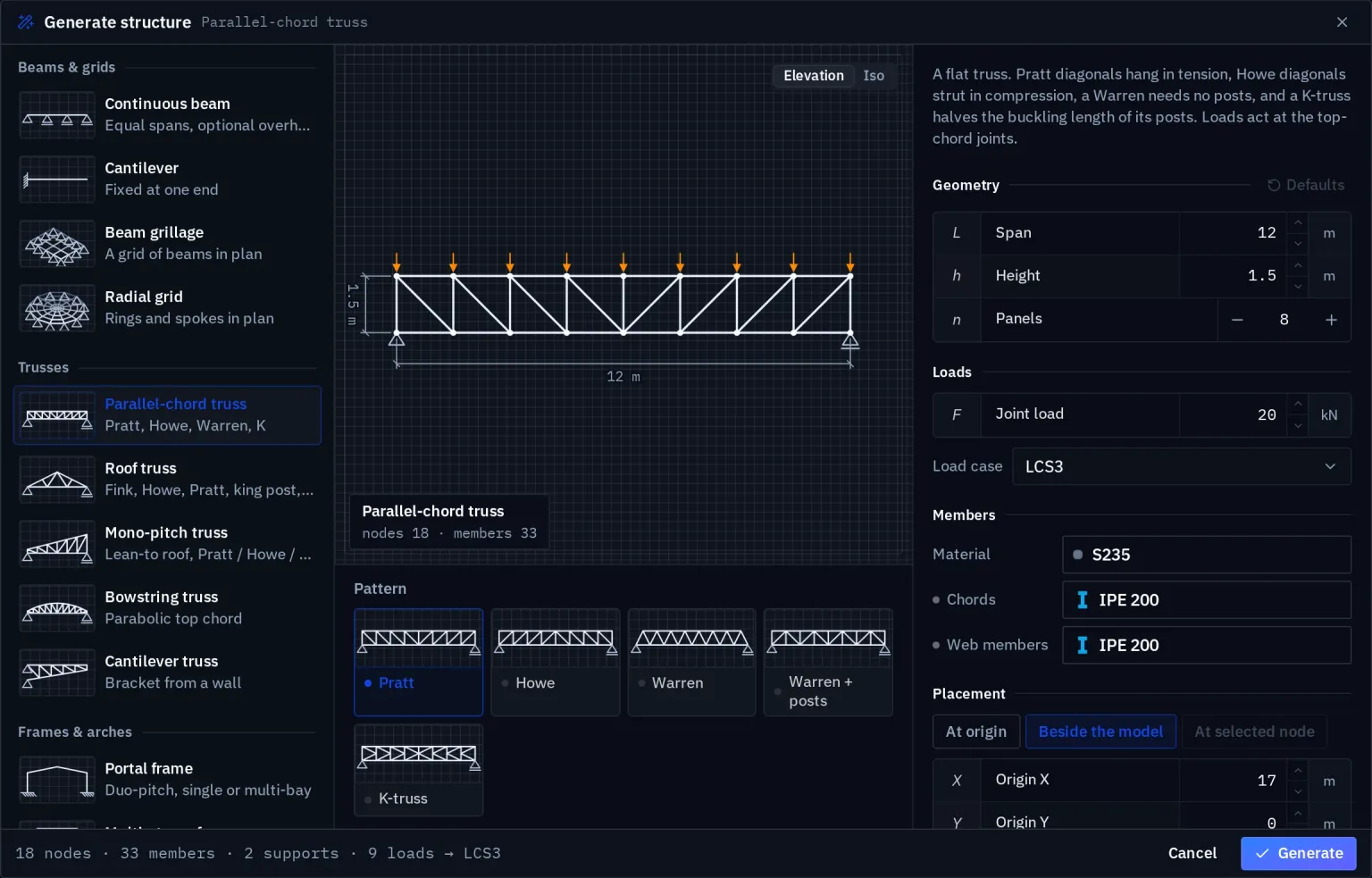 The Generate structure dialog: a categorised list of structures with Parallel-chord truss selected, a drawing of a Pratt truss with dimension lines and joint-load arrows, pattern cards Pratt, Howe, Warren, Warren + posts and K-truss, and fields for span, height, panels, joint load, load case, material, chords, web members and placement