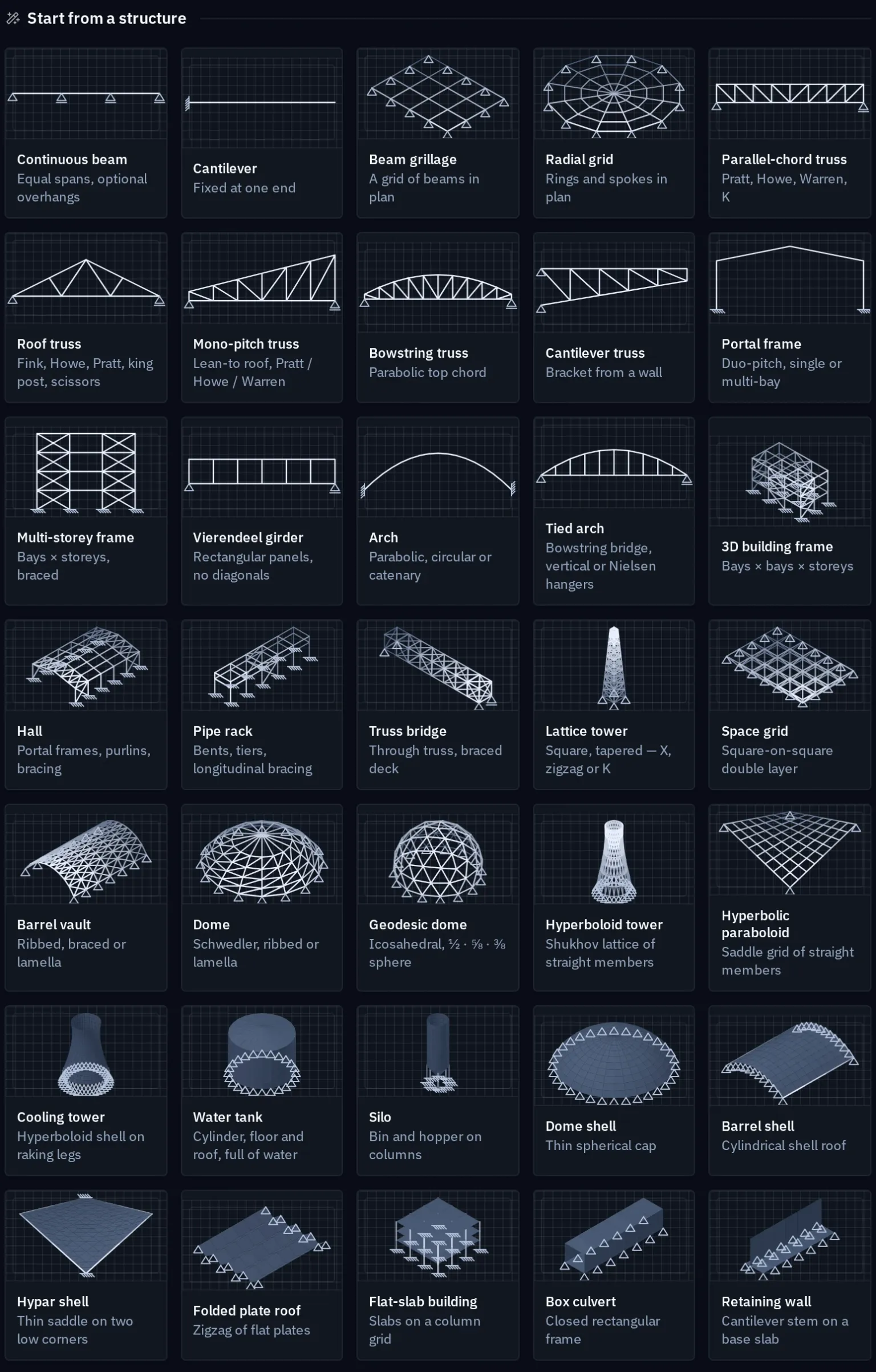 A grid of 35 structure cards: continuous beam, cantilever, beam grillage, radial grid, parallel-chord truss, roof truss, mono-pitch truss, bowstring truss, cantilever truss, portal frame, multi-storey frame, Vierendeel girder, arch, tied arch, 3D building frame, hall, pipe rack, truss bridge, lattice tower, space grid, barrel vault, dome, geodesic dome, hyperboloid tower, hyperbolic paraboloid, cooling tower, water tank, silo, dome shell, barrel shell, hypar shell, folded plate roof, flat-slab building, box culvert and retaining wall