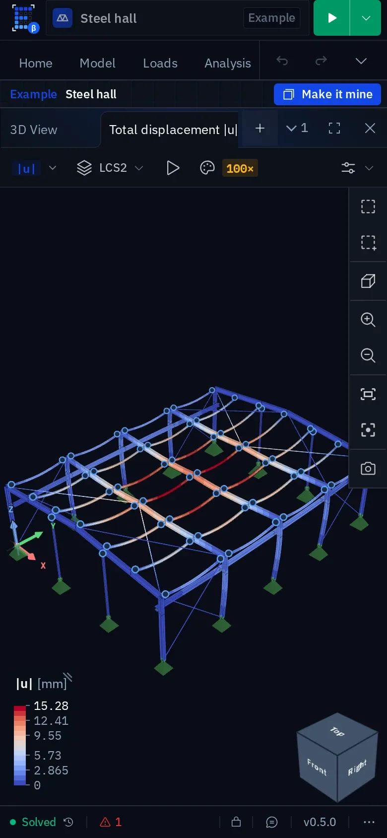 The editor on a phone: the ribbon tabs, the example strip with Make it mine, the Total displacement viewport tab with its legend and view cube, and a status bar reading Solved, 1 warning, v0.5.0