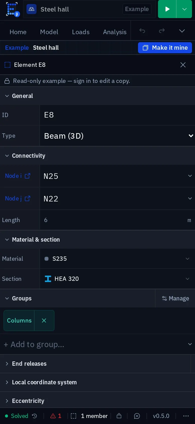 The editor on a phone with the Properties sheet open for Element E8: General with ID and type Beam (3D), Connectivity with nodes N25 and N22 as links and length 6 m, Material S235, Section HEA 320, the Columns group, and collapsed End releases, Local coordinate system and Eccentricity