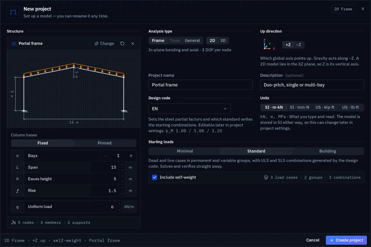 The New project dialog with a Portal frame structure panel showing a dimensioned drawing and fields for bays, span, eaves height, rise and uniform load, and on the right the analysis type 2D Frame, project name, design code EN, units SI m·kN and starting loads Standard with self-weight