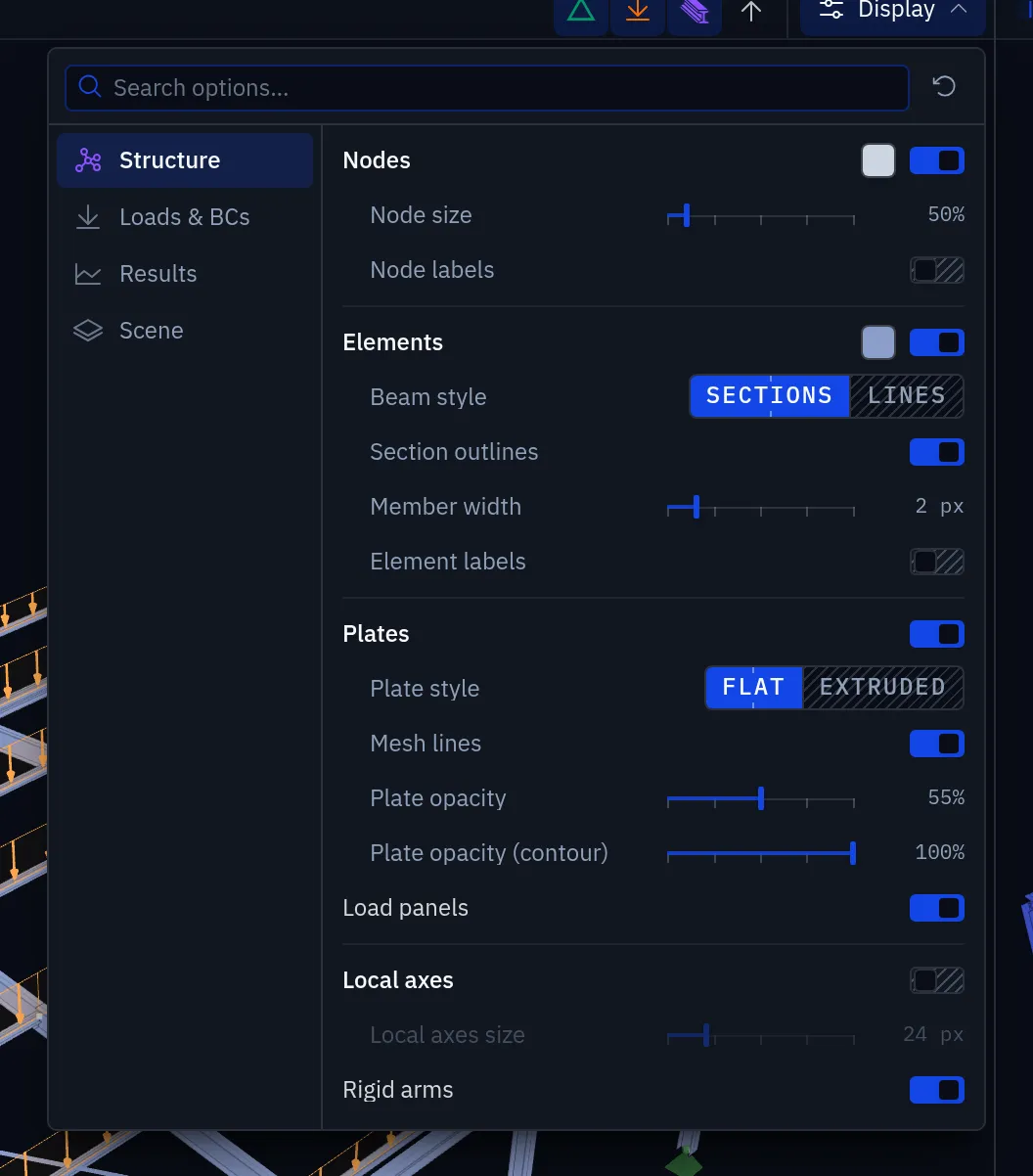 The Display popover with Structure, Loads & BCs, Results and Scene pages, showing toggles and sliders for nodes, elements, plates, load panels, local axes and rigid arms