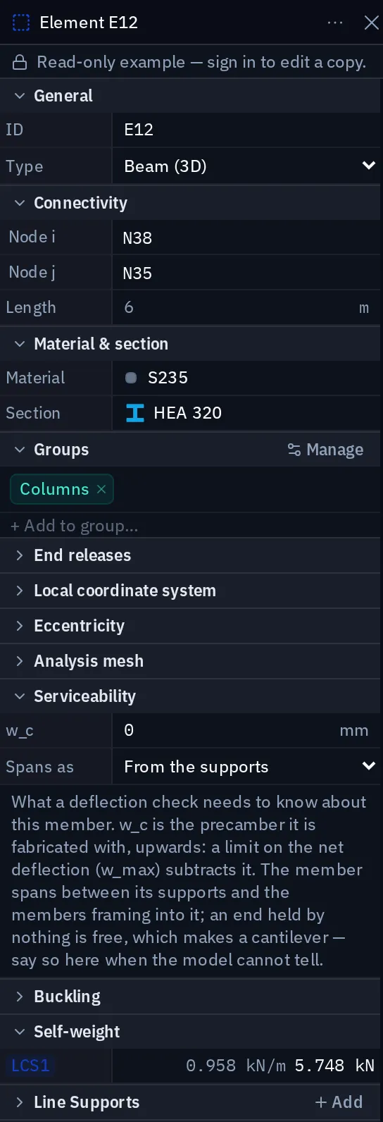 The properties panel for element E12: type Beam (3D), nodes N38 and N35, length 6 m, material S235, section HEA 320, group Columns, collapsed groups for end releases, local coordinate system, eccentricity and analysis mesh, the Serviceability group with w_c 0 mm and Spans as From the supports, then Buckling, Self-weight 0.958 kN/m and 5.748 kN, Line Supports and Distributed loads