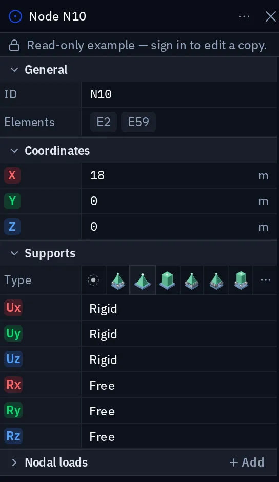 The properties panel for node N10 at coordinates 18, 0, 0, connected to E2 and E59, with a row of support-type pictures with the pin selected, and rows Ux, Uy and Uz Rigid, Rx, Ry and Rz Free