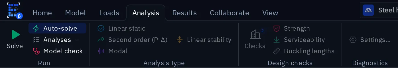 The Analysis ribbon tab with Run, Analysis type, Design checks and Diagnostics groups