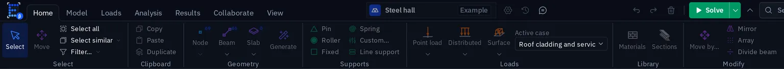 The Home ribbon tab of the editor with its Select, Clipboard, Geometry, Supports, Loads, Library and Modify groups
