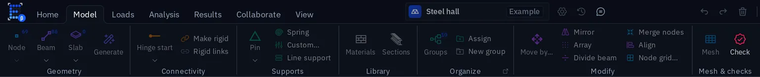 The Model ribbon tab with Geometry, Connectivity, Supports, Library, Organize, Modify and Mesh & checks groups