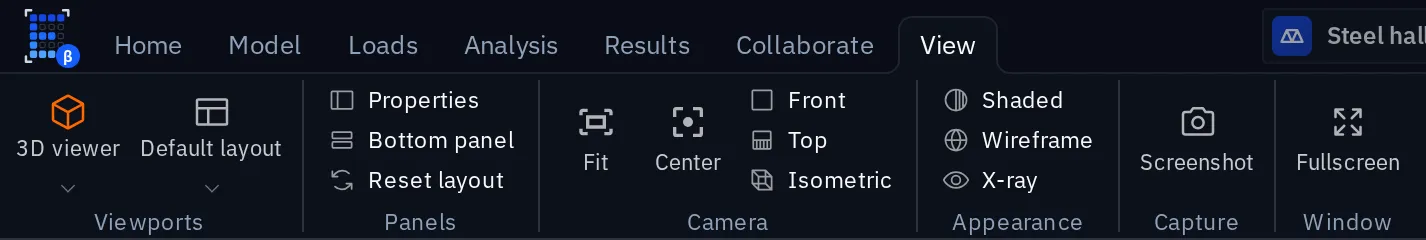 The View ribbon tab with Viewports, Panels, Camera, Appearance, Capture and Window groups