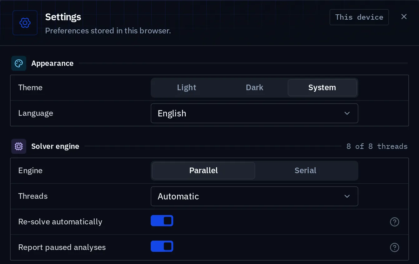 The Settings dialog with Appearance (theme and language) and Solver engine sections: Engine Parallel or Serial, Threads Automatic, Re-solve automatically and Report paused analyses toggles, and a readout of 8 of 8 threads