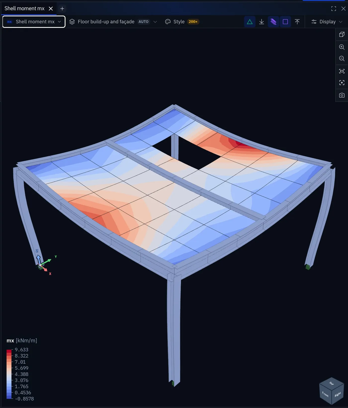 A viewport with the mx contour on a slab with an opening, the legend headed mx in kNm/m from −0.8578 to 9.633, and the deformed shape at 200×
