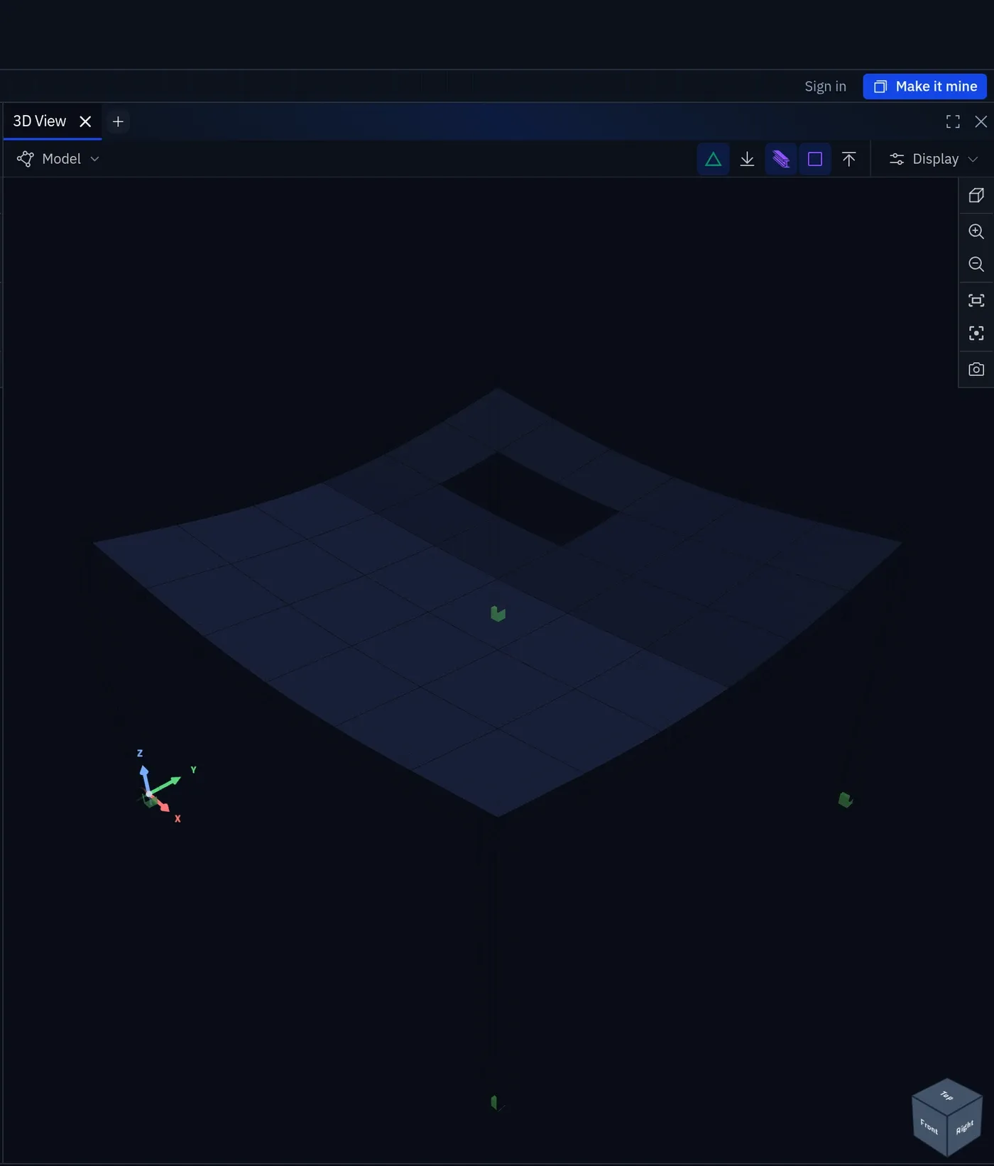 A wireframe viewport of the concrete floor example showing the slab mesh lines, the rectangular opening, the edge beams and the columns