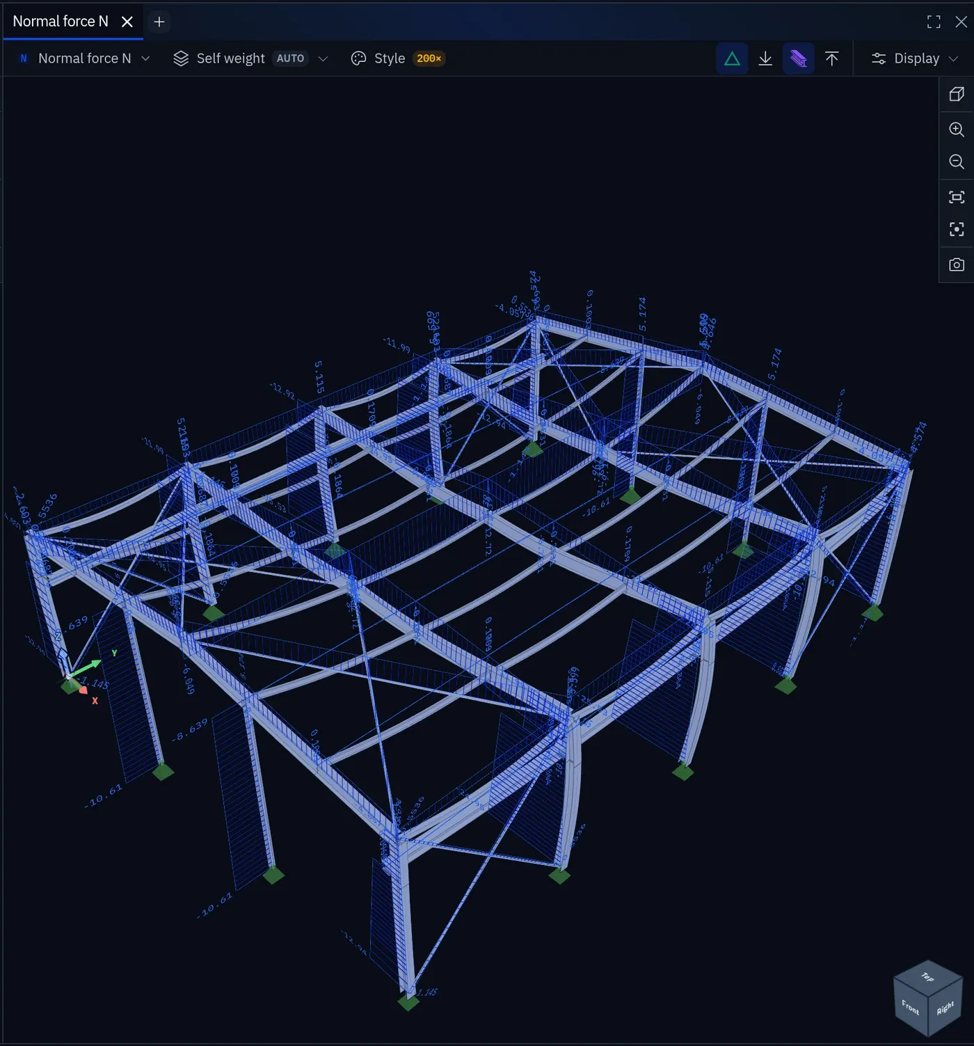 A viewport plotting the normal force N on the steel hall under the self-weight case, with negative values labelled on the columns