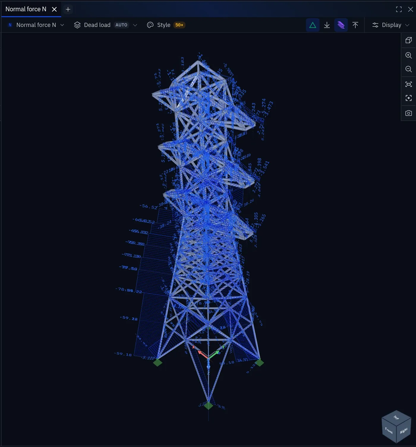 A viewport plotting the normal force N on the lattice tower example under the dead load case, with the largest negative values on the legs
