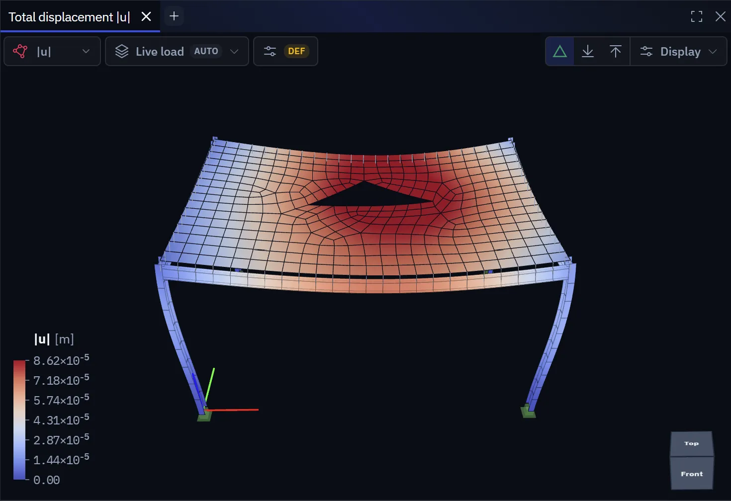 Slab with a triangular opening, supported on two columns and an edge beam, shown as a total displacement contour with a legend