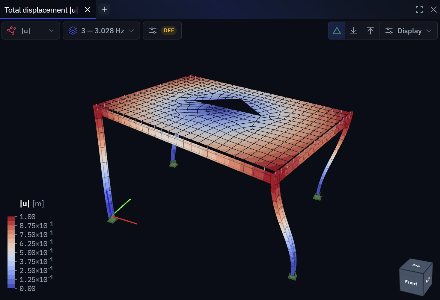 Mode shape contour of a slab supported on four columns, mode 3 at 3.028 Hz