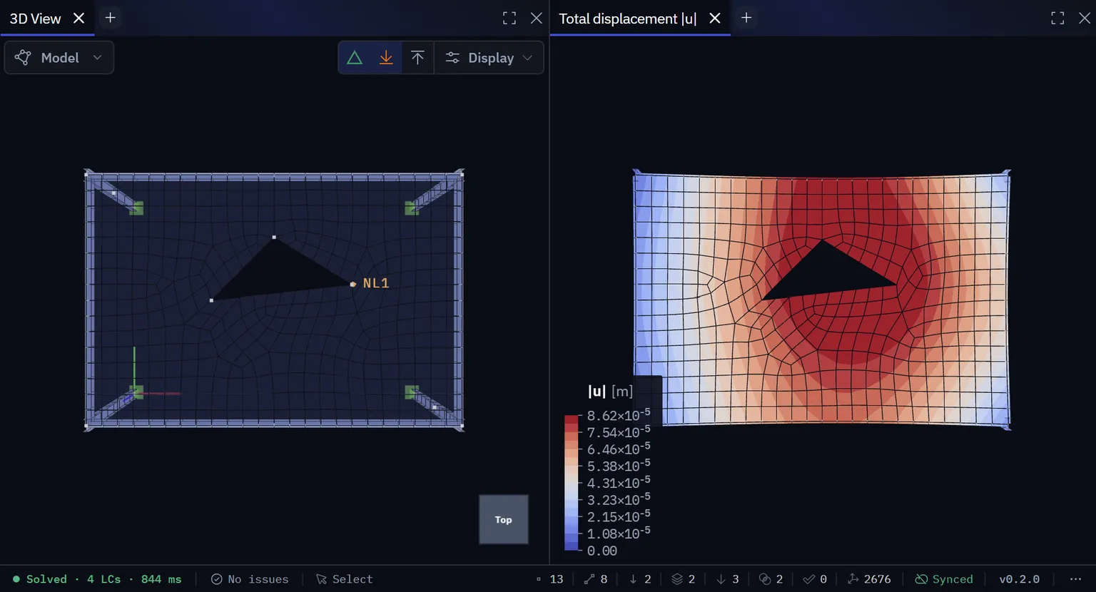 Rectangular slab with a triangular opening, meshed entirely in quadrilaterals that grade finer around the opening, beside its total displacement contour